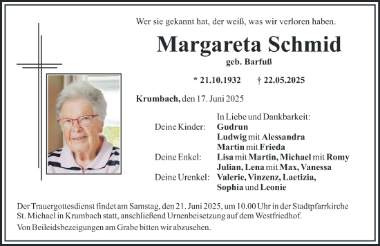 Traueranzeige von Margareta Schmid von Mittelschwäbische Nachrichten