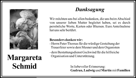 Traueranzeige von Margareta Schmid von Mittelschwäbische Nachrichten