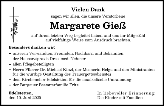 Traueranzeige von Margarete Gieß von Mittelschwäbische Nachrichten