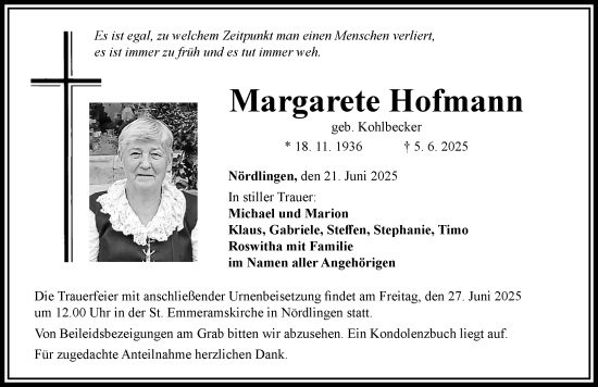 Traueranzeige von Margarete Hofmann von Rieser Nachrichten