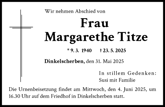 Traueranzeige von Margarethe Titze von Augsburg-Land