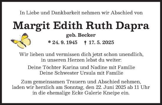 Traueranzeige von Margit Edith Ruth Dapra von Augsburger Allgemeine