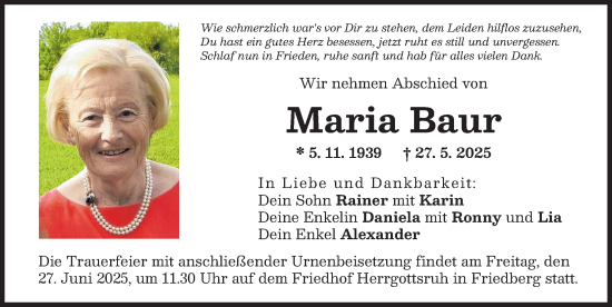 Traueranzeige von Maria Baur von Friedberger Allgemeine