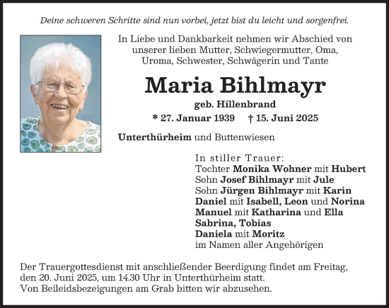Traueranzeige von Maria Bihlmayr von Wertinger Zeitung
