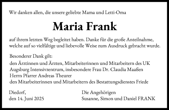 Traueranzeige von Maria Frank von Augsburger Allgemeine