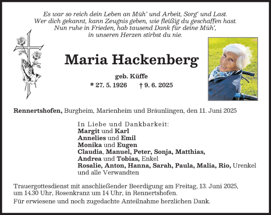 Traueranzeige von Maria Hackenberg von Neuburger Rundschau