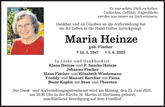 Traueranzeige von Maria Heinze von Illertisser Zeitung