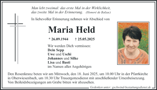 Traueranzeige von Maria Held von Mittelschwäbische Nachrichten