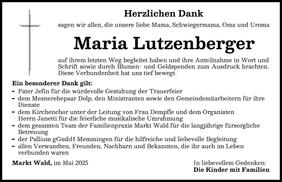 Traueranzeige von Maria Lutzenberger von Mindelheimer Zeitung