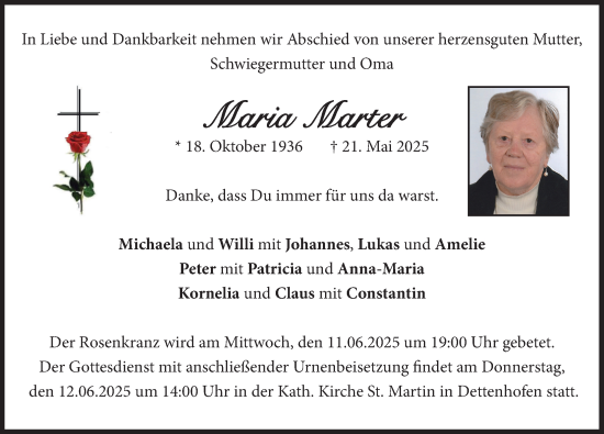 Traueranzeige von Maria Marter von Landsberger Tagblatt