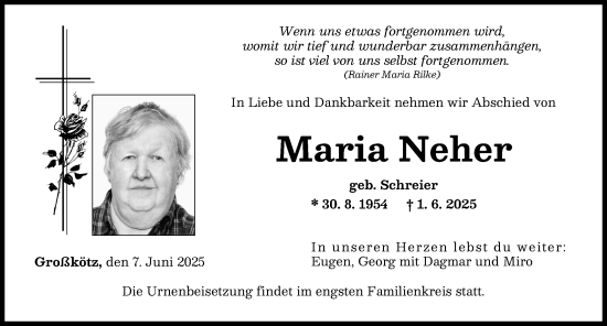 Traueranzeige von Maria Neher von Günzburger Zeitung
