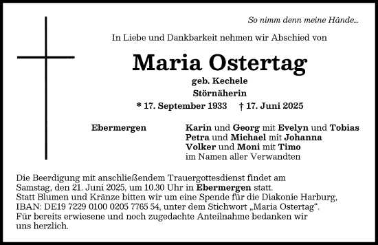 Traueranzeige von Maria Ostertag von Donauwörther Zeitung