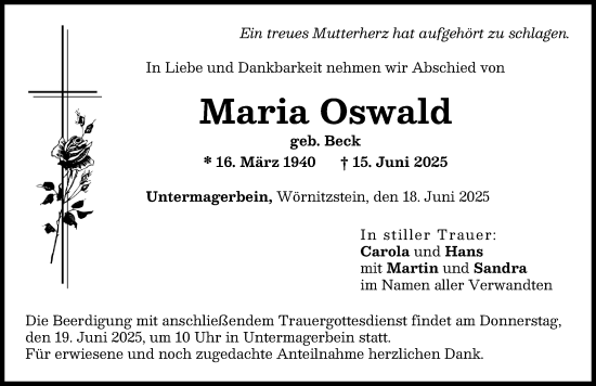 Traueranzeige von Maria Oswald von Rieser Nachrichten