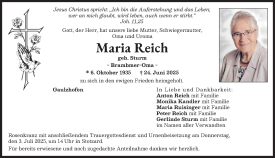 Traueranzeige von Maria Reich von Aichacher Nachrichten