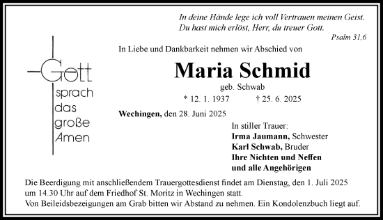 Traueranzeige von Maria Schmid von Rieser Nachrichten