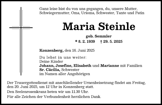 Traueranzeige von Maria Steinle von Günzburger Zeitung