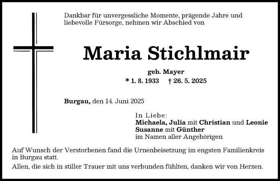 Traueranzeige von Maria Stichlmair von Günzburger Zeitung