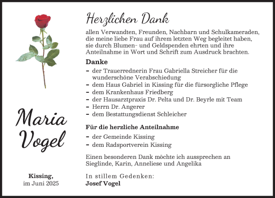 Traueranzeige von Maria Vogel von Friedberger Allgemeine