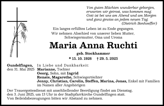 Traueranzeige von Maria Anna Ruchti von Donau Zeitung