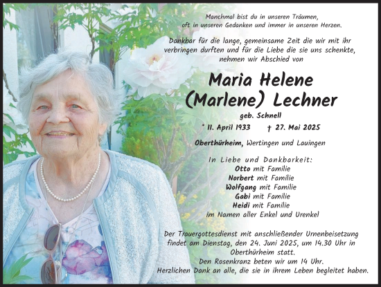 Traueranzeige von Maria Helene Lechner von Wertinger Zeitung