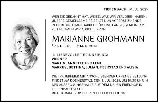 Traueranzeige von Marianne Grohmann von Illertisser Zeitung