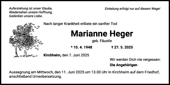Traueranzeige von Marianne Heger von Mindelheimer Zeitung