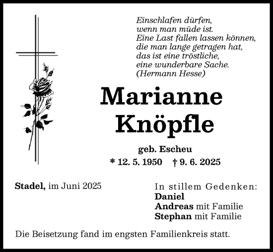 Traueranzeige von Marianne Knöpfle von Augsburger Allgemeine