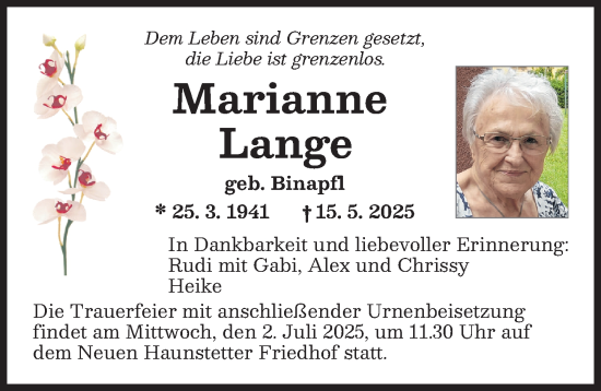 Traueranzeige von Marianne Lange von Augsburger Allgemeine