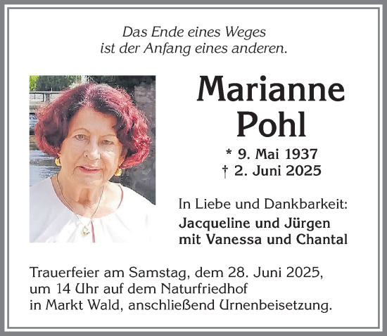 Traueranzeige von Marianne Pohl von Mindelheimer Zeitung