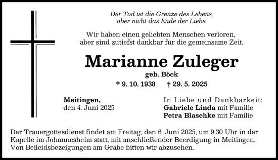 Traueranzeige von Marianne Zuleger von Augsburg-Land, Wertinger Zeitung
