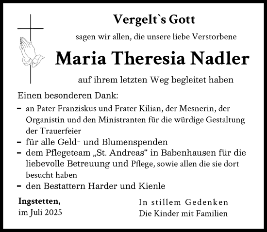 Traueranzeige von Maria Theresia Nadler von Neu-Ulmer Zeitung