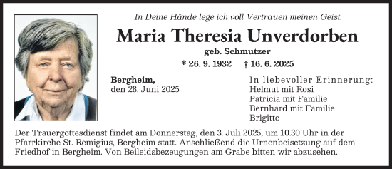 Traueranzeige von Maria Theresia Unverdorben von Augsburger Allgemeine