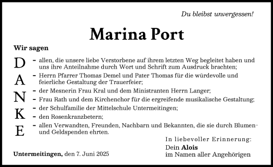 Traueranzeige von Marina Port von Schwabmünchner Allgemeine