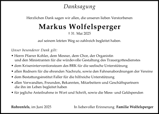 Traueranzeige von Markus Wolfelsperger von Neuburger Rundschau