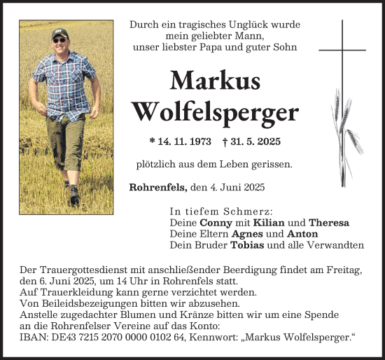 Traueranzeige von Markus Wolfelsperger von Neuburger Rundschau