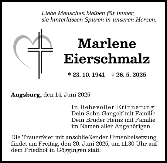 Traueranzeige von Marlene Eierschmalz von Augsburger Allgemeine