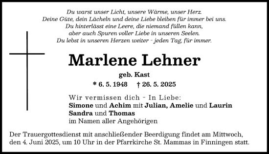 Traueranzeige von Marlene Lehner von Neu-Ulmer Zeitung