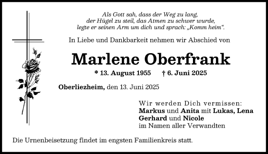 Traueranzeige von Marlene Oberfrank von Donau Zeitung