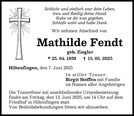 Traueranzeige von Mathilde Fendt von Schwabmünchner Allgemeine