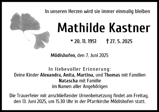 Traueranzeige von Mathilde Kastner von Augsburg-Land