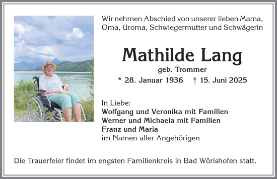 Traueranzeige von Mathilde Lang von Mindelheimer Zeitung