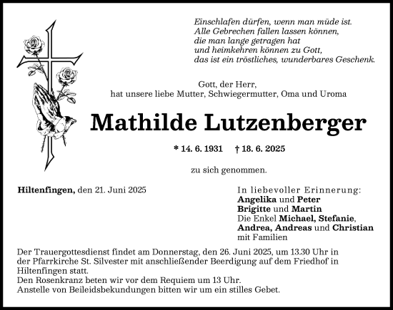 Traueranzeige von Mathilde Lutzenberger von Schwabmünchner Allgemeine