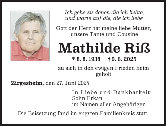 Traueranzeige von Mathilde Riß von Donauwörther Zeitung