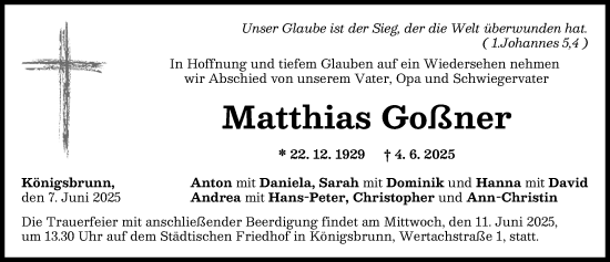 Traueranzeige von Matthias Goßner von Landsberger Tagblatt, Schwabmünchner Allgemeine