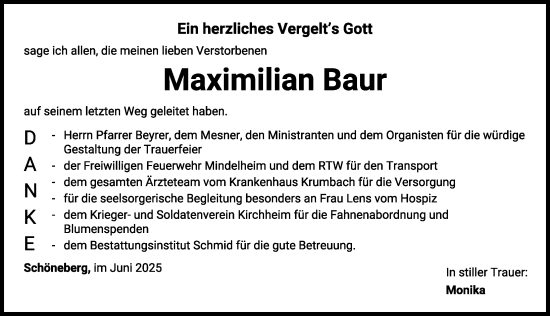 Traueranzeige von Maximilian Baur von Mindelheimer Zeitung