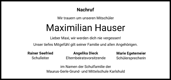 Traueranzeige von Maximilian Hauser von Neuburger Rundschau