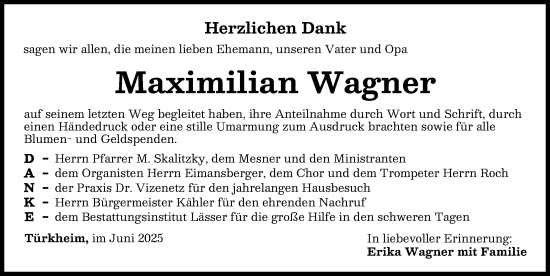 Traueranzeige von Maximilian Wagner von Mindelheimer Zeitung