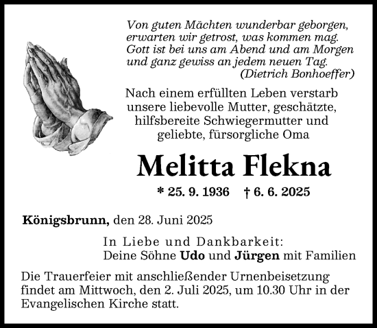 Traueranzeige von Melitta Flekna von Schwabmünchner Allgemeine