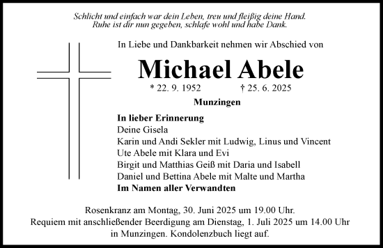 Traueranzeige von Michael Abele von Rieser Nachrichten