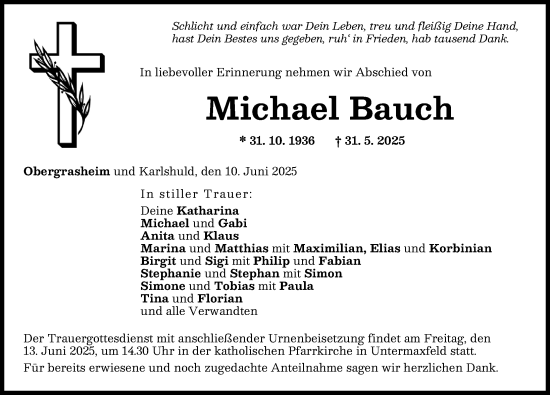 Traueranzeige von Michael Bauch von Neuburger Rundschau